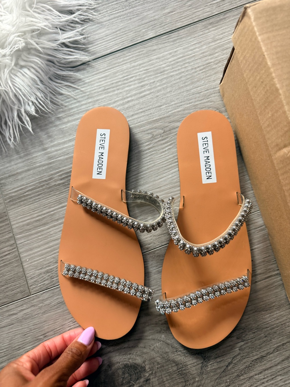 Steve Madden Tan Slide Sandals with Rhinestone Straps